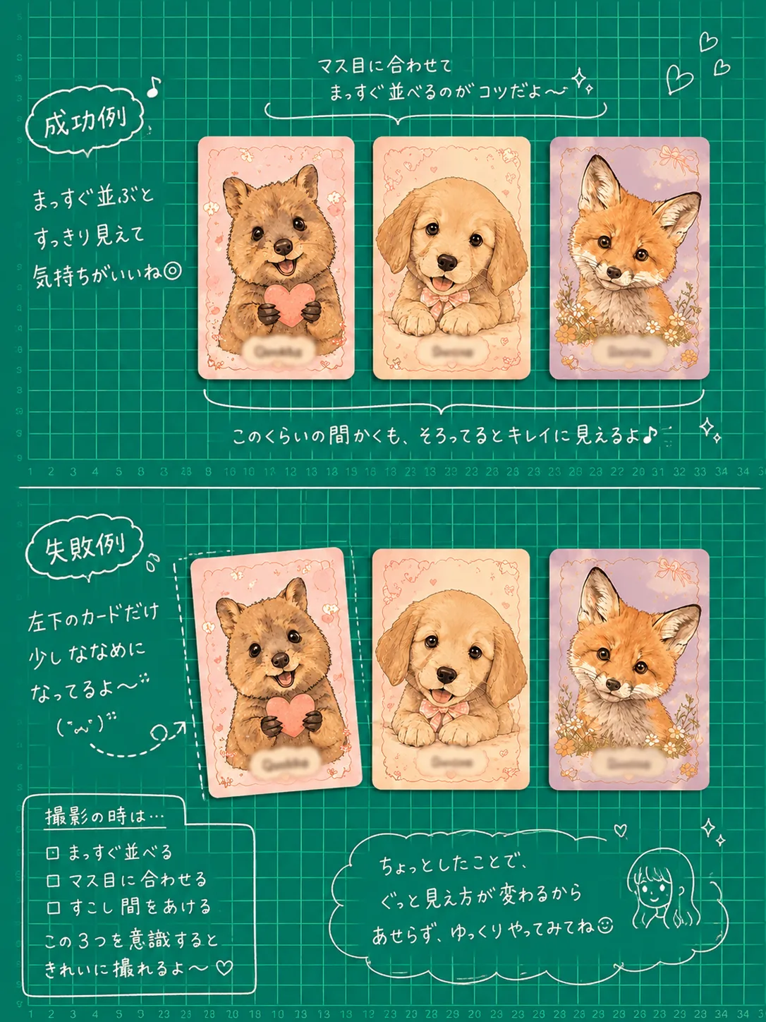 方眼マットに置いたサンプルカードの成功例と失敗例。上段は3枚とも目盛りに沿って並び、下段は左端の1枚だけ傾いている